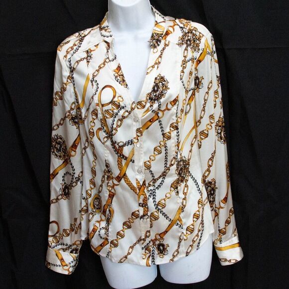 Cache Vgt Y2K 90s Button Up Equestrian Scarf Western Silk Shirt V-Neck Size M - Picture 8 of 9